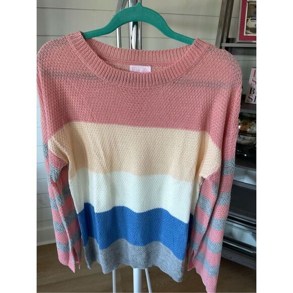 Pink Lily lightweight color block spring color crewneck sweater Womens small Pea - Picture 2 of 7